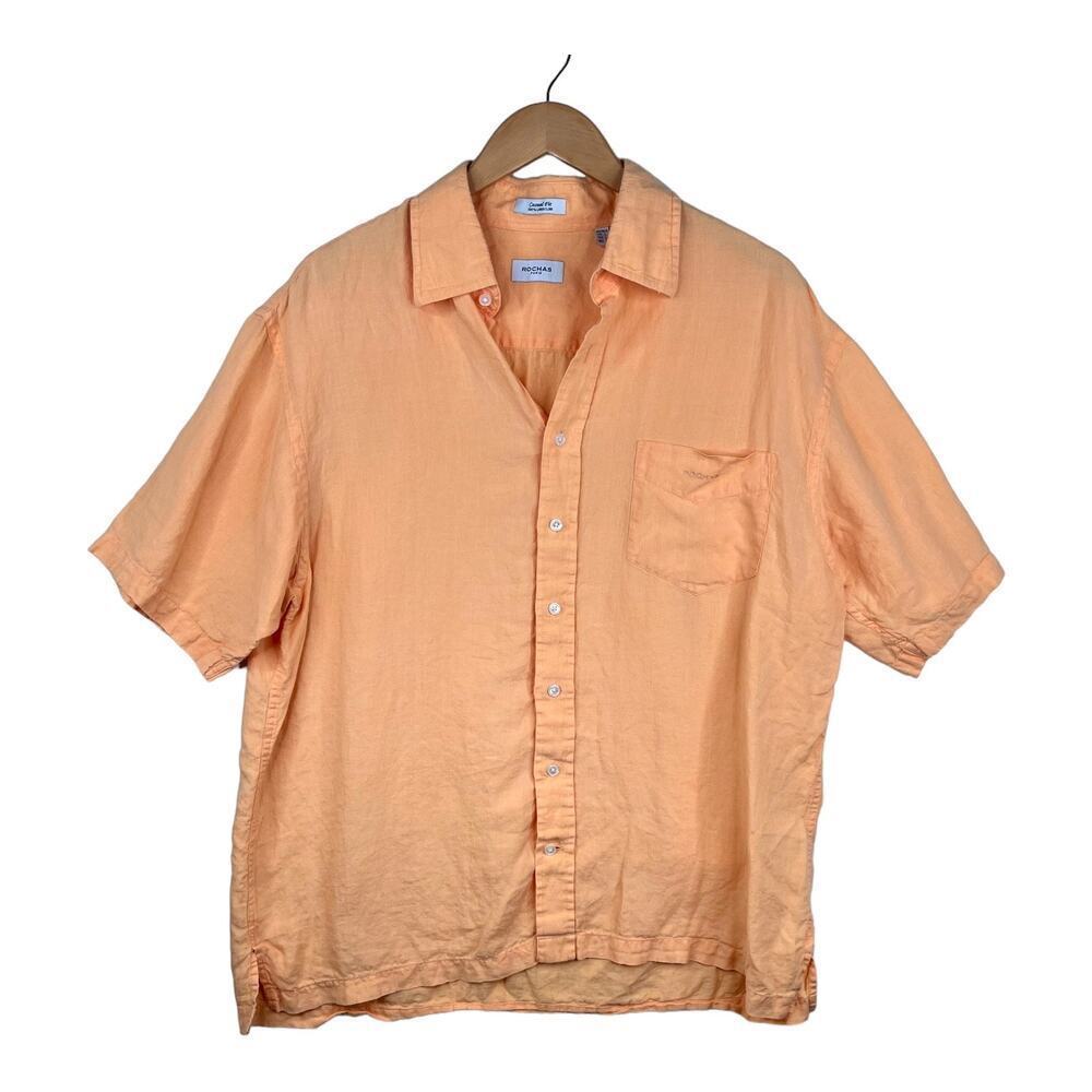 Rochas Paris Light Orange Casual Fit Short Sleeve 100% Linen Button Up Shirt LG